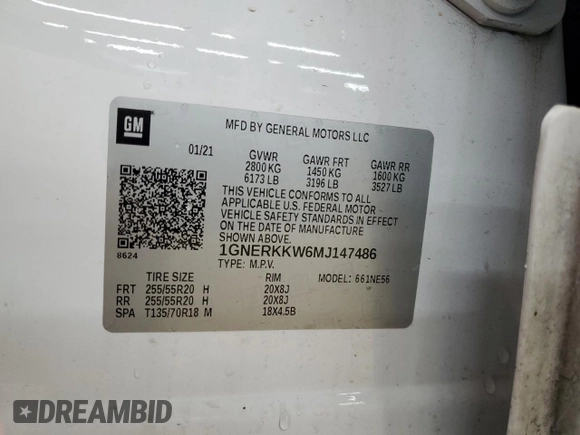 2021 Chevrolet Traverse Premier with VIN 1GNERKKW6MJ147486, listed as a Copart auction lot 45727645 with 135,128 mi miles and Salvage Title. Bid and sale history available at carsss.com. Image 12.