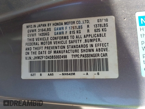 2011 Honda CR-Z with VIN JHMZF1D43BS002498, listed as a IAAI auction lot 41982421 with 213,087 mi miles. Bid and sale history available at carsss.com. Image 9.