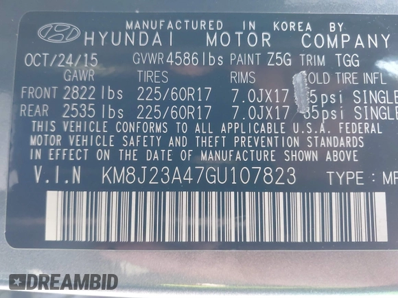 2016 Hyundai Tucson SE z VIN KM8J23A47GU107823, wystawiony jako IAAI lot #41732096 z przebiegiem 158 931 mil mil oraz . Historia ofert i sprzedaży dostępna na DreamBid. Obrazek 9.