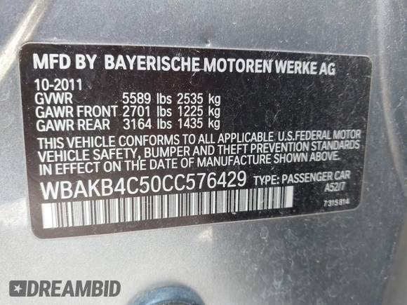 2012 BMW 7 Series 740Li with VIN WBAKB4C50CC576429, listed as a IAAI auction lot 42153378 with 161,168 mi miles and . Bid and sale history available at DreamBid. Image 9.