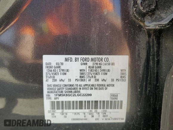 2020 Ford Explorer ST with VIN 1FM5K8GC2LGC22299, listed as a Copart auction lot 43443955 with 91,481 mi miles and Salvage Title. Bid and sale history available at DreamBid. Image 13.