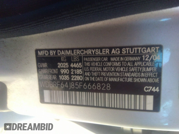 2005 Mercedes-Benz C 320 с VIN WDBRF64J85F666828, выставлен на аукционе IAAI как лот 41214432 с пробегом 269 425 миль миль и . История ставок и продаж доступна на DreamBid. Изображение 9.
