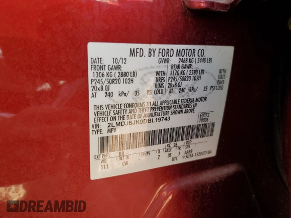 2013 Lincoln MKX with VIN 2LMDJ6JK9DBL19743, listed as a Copart auction lot 69580214 with 180,695 mi miles and Salvage Title. Bid and sale history available at DreamBid. Image 14.