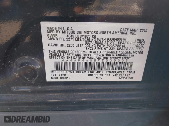 2015 Mitsubishi Outlander Sport 2.4 GT with VIN 4A4AP4AW6FE029095, listed as a IAAI auction lot 41659098 with 102,542 mi miles. Bid and sale history available at carsss.com. Image 9.