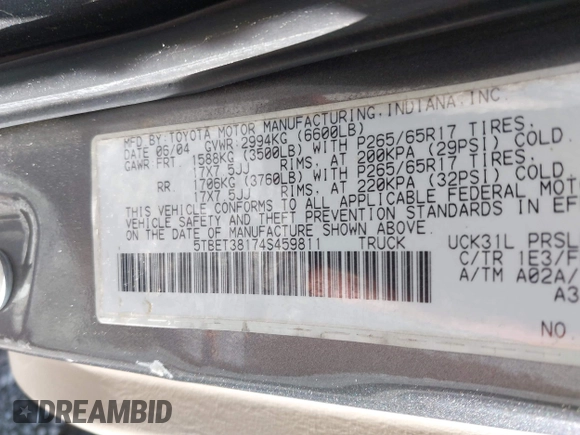 2004 Toyota Tundra Limited with VIN 5TBET38174S459811, listed as a IAAI auction lot 41924352 with 275,782 mi miles and . Bid and sale history available at DreamBid. Image 9.