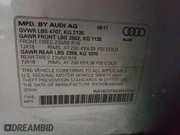 2018 Audi Q3 Premium with VIN WA1BCCFS4JR012069, listed as a Copart auction lot 36126473 with 89,308 mi miles. Bid and sale history available at carsss.com. Image 12.
