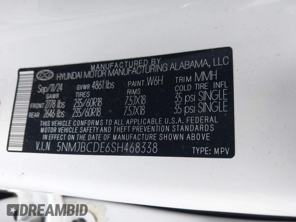 2025 Hyundai Tucson SEL with VIN 5NMJBCDE6SH468338, listed as a IAAI auction lot 41769059 with 5,195 mi miles. Bid and sale history available at carsss.com. Image 9.