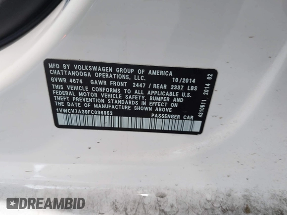2015 Volkswagen Passat SEL Premium z VIN 1VWCV7A39FC036953, wystawiony jako IAAI lot #42181825 z przebiegiem 118 040 mil mil oraz . Historia ofert i sprzedaży dostępna na DreamBid. Obrazek 9.