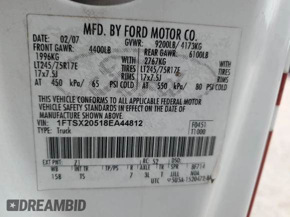 2008 Ford F-250 XL with VIN 1FTSX20518EA44812, listed as a Copart auction lot 49331275 with 102,304 mi miles and Salvage title. Bid and sale history available at DreamBid. Image 12.