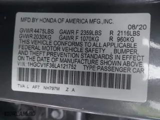 2020 Honda Accord Sedan Sport with VIN 1HGCV1F36LA121752, listed as a IAAI auction lot 41307676 with 78,347 mi miles. Bid and sale history available at carsss.com. Image 9.