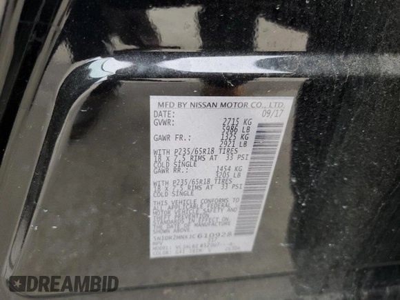 2018 Nissan Pathfinder S z VIN 5N1DR2MNXJC610928, wystawiony jako Copart lot #44451385 z przebiegiem 140 070 mil mil oraz Szkoda całkowita • Salvage title. Historia ofert i sprzedaży dostępna na DreamBid. Obrazek 15.