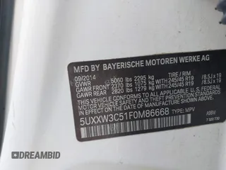 2015 BMW X4 xDrive28i with VIN 5UXXW3C51F0M86668, listed as a IAAI auction lot 42489071 with 59,694 mi miles and . Bid and sale history available at DreamBid. Image 9.
