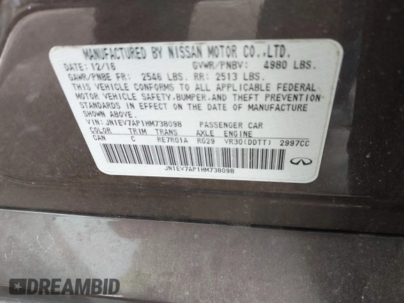 2017 Infiniti Q50 Sport with VIN JN1EV7AP1HM738098, listed as a IAAI auction lot 42108449 with 109,540 mi miles and . Bid and sale history available at DreamBid. Image 9.