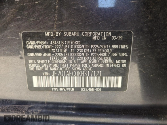 2019 Subaru Crosstrek Premium z VIN JF2GTAEC0KH317121, wystawiony jako Copart lot #49490445 z przebiegiem 102 792 mil mil oraz Szkoda całkowita • Salvage title. Historia ofert i sprzedaży dostępna na DreamBid. Obrazek 13.