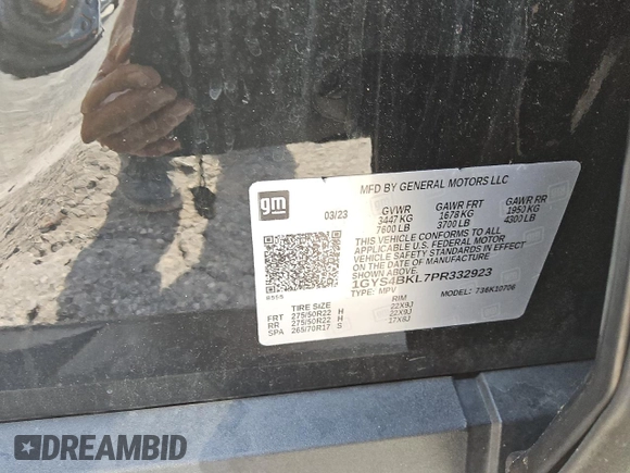 2023 Cadillac Escalade 4WD Premium Luxury with VIN 1GYS4BKL7PR332923, listed as a Copart auction lot 57442025 with 56,886 mi miles and Clean title. Bid and sale history available at DreamBid. Image 13.