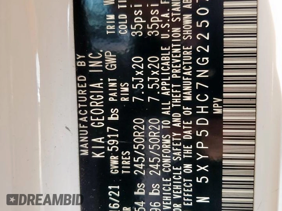 2022 Kia Telluride SX with VIN 5XYP5DHC7NG225071, listed as a Copart auction lot 58676865 with 92,055 mi miles and Salvage title. Bid and sale history available at DreamBid. Image 13.