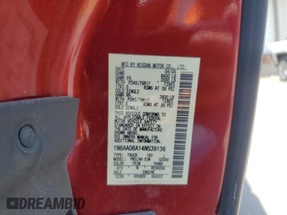 2004 Nissan Titan SE z VIN 1N6AA06A14N539136, wystawiony jako Copart lot #61937265 z przebiegiem 273 032 mil mil oraz Czysty tytuł • Clean title. Historia ofert i sprzedaży dostępna na DreamBid. Obrazek 12.