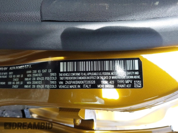 2022 Alfa Romeo Stelvio Veloce z VIN ZASPAKBNXN7D26328, wystawiony jako IAAI lot #42326409 z przebiegiem 42 494 mil mil oraz . Historia ofert i sprzedaży dostępna na DreamBid. Obrazek 9.