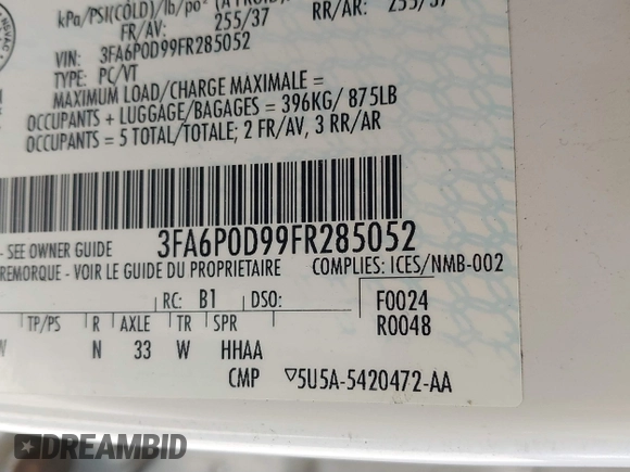 2015 Ford Fusion Titanium with VIN 3FA6P0D99FR285052, listed as a IAAI auction lot 41800853 with 181,437 mi miles. Bid and sale history available at carsss.com. Image 9.