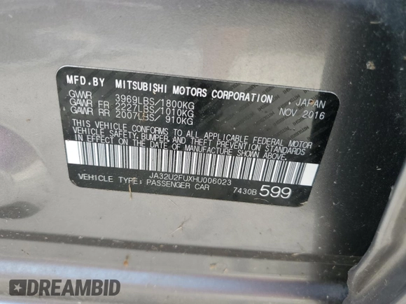 2017 Mitsubishi Lancer ES with VIN JA32U2FUXHU006023, listed as a Copart auction lot 67082114 with 11,638 mi miles and Non Repairable. Bid and sale history available at carsss.com. Image 13.