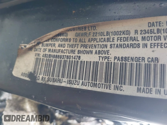 2003 Subaru Legacy Outback Limited with VIN 4S3BH686937601478, listed as a IAAI auction lot 40756210 with Not provided miles and . Bid and sale history available at DreamBid. Image 9.