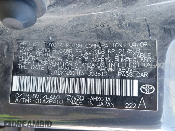 2010 Toyota Prius Four with VIN JTDKN3DU1A1003512, listed as a IAAI auction lot 42177687 with 240,038 mi miles and . Bid and sale history available at DreamBid. Image 9.