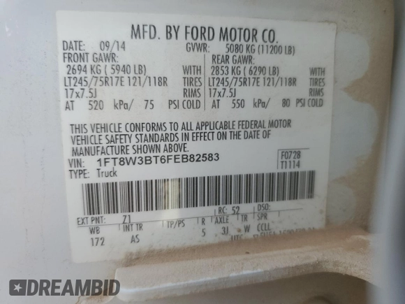 2015 Ford F-350 Platinum with VIN 1FT8W3BT6FEB82583, listed as a Copart auction lot 53999885 with 307,516 mi miles and Clean Title. Bid and sale history available at DreamBid. Image 12.