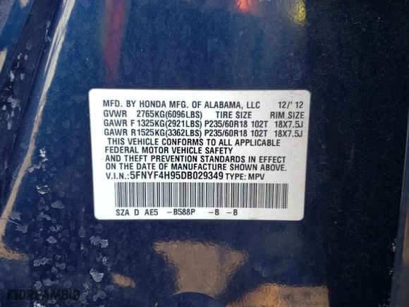 2013 Honda Pilot Touring with VIN 5FNYF4H95DB029349, listed as a Copart auction lot 42966565 with 154,060 mi miles and Salvage Title. Bid and sale history available at carsss.com. Image 15.
