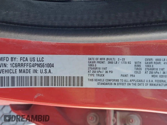 2023 Ram 1500 Big Horn with VIN 1C6RRFFG4PN561004, listed as a IAAI auction lot 42809372 with 75,509 mi miles and . Bid and sale history available at DreamBid. Image 10.
