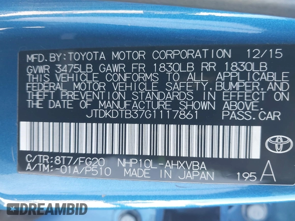 2016 Toyota Prius One with VIN JTDKDTB37G1117861, listed as a IAAI auction lot 41881771 with 204,882 mi miles and . Bid and sale history available at DreamBid. Image 9.