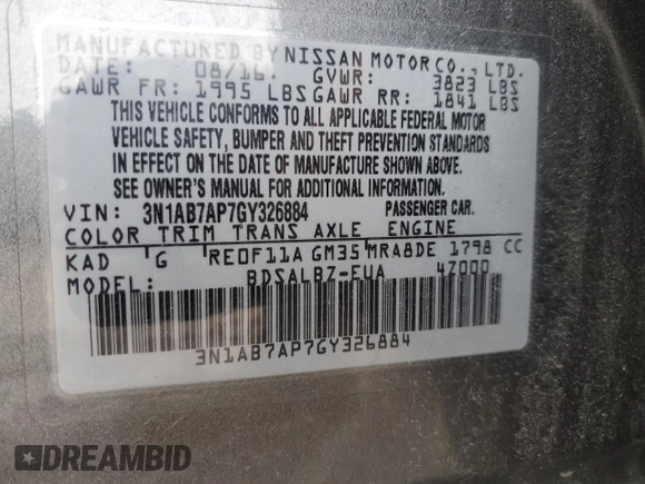 2016 Nissan Sentra SR with VIN 3N1AB7AP7GY326884, listed as a Copart auction lot 49908725 with 75,024 mi miles and Salvage Title. Bid and sale history available at DreamBid. Image 14.