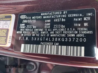 2019 Kia Optima LX z VIN 5XXGT4L38KG337200, wystawiony jako IAAI lot #41807462 z przebiegiem 126 429 mil mil oraz . Historia ofert i sprzedaży dostępna na DreamBid. Obrazek 9.
