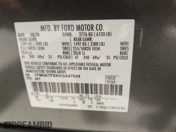 2019 Ford Explorer Limited with VIN 1FM5K7F8XKGA47029, listed as a IAAI auction lot 42300038 with 46,676 mi miles and . Bid and sale history available at DreamBid. Image 9.