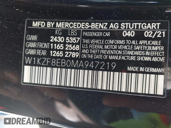 2021 Mercedes-Benz E 350 with VIN W1KZF8EB0MA947219, listed as a IAAI auction lot 40617447 with 59,873 mi miles and . Bid and sale history available at DreamBid. Image 9.