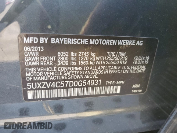 2013 BMW X5 xDrive35i with VIN 5UXZV4C57D0G54931, listed as a Copart auction lot 54231615 with 185,246 mi miles and Salvage Title. Bid and sale history available at carsss.com. Image 13.