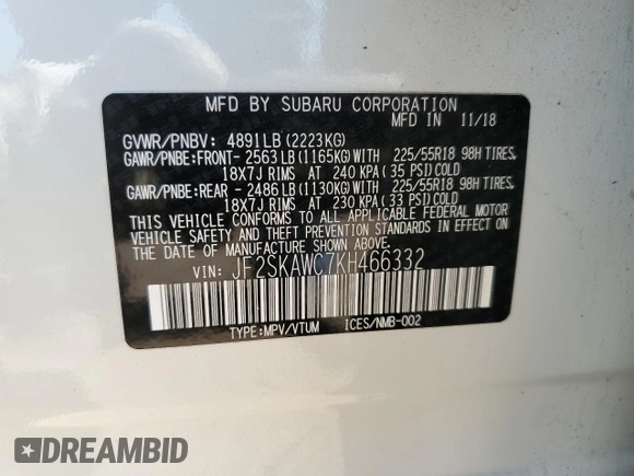 2019 Subaru Forester Touring with VIN JF2SKAWC7KH466332, listed as a Copart auction lot 58050745 with 58,017 mi miles and Salvage title. Bid and sale history available at DreamBid. Image 14.