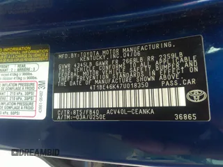 2007 Toyota Camry CE with VIN 4T1BE46K47U018350, listed as a IAAI auction lot 41673524 with 157,288 mi miles. Bid and sale history available at carsss.com. Image 9.