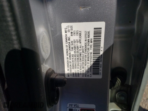 2015 Honda CR-V EX-L with VIN 2HKRM3H75FH522746, listed as a Copart auction lot 48596895 with Not Provided miles and Salvage Title. Bid and sale history available at DreamBid. Image 12.