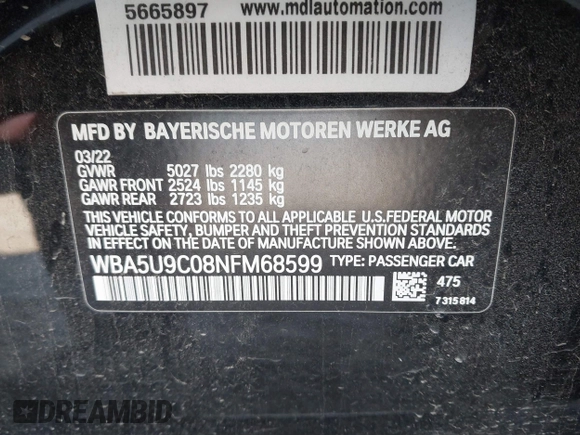 2022 BMW 3 Series M340i xDrive with VIN WBA5U9C08NFM68599, listed as a IAAI auction lot 41260340 with Not Provided miles and . Bid and sale history available at DreamBid. Image 9.