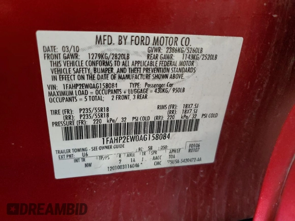 2010 Ford Taurus SEL с VIN 1FAHP2EW0AG158084, выставлен на аукционе Copart как лот 56856765 с пробегом 110 881 миль миль и Списание • Salvage title. История ставок и продаж доступна на DreamBid. Изображение 12.