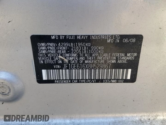 2008 Subaru Impreza Sedan (Natl) i with VIN JF1GE616X8H529867, listed as a Copart auction lot 88007375 with 173,401 mi miles and Salvage Title. Bid and sale history available at carsss.com. Image 12.
