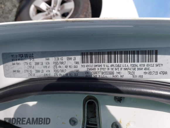 2019 Ram 1500 Express z VIN 1C6RR7FT8KS533686, wystawiony jako IAAI lot #41866997 z przebiegiem 199 502 mil mil oraz . Historia ofert i sprzedaży dostępna na DreamBid. Obrazek 9.