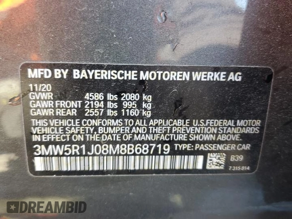 2021 BMW 3 Series 330i with VIN 3MW5R1J08M8B68719, listed as a Copart auction lot 49869565 with 41,200 mi miles and Salvage Title. Bid and sale history available at carsss.com. Image 12.