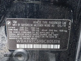 2011 BMW 5 Series 535i with VIN WBAFR7C59BC805378, listed as a IAAI auction lot 41531866 with 108,423 mi miles and . Bid and sale history available at DreamBid. Image 9.