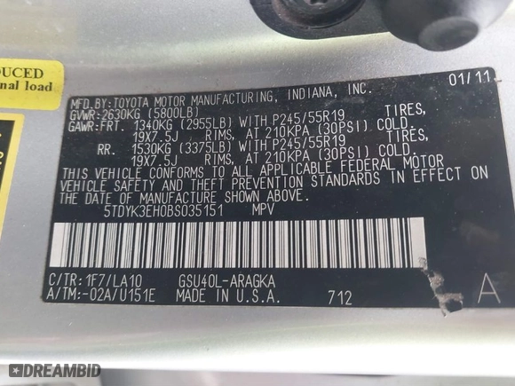 2011 Toyota Highlander Limited with VIN 5TDYK3EH0BS035151, listed as a IAAI auction lot 41281405 with 104,582 mi miles. Bid and sale history available at carsss.com. Image 9.