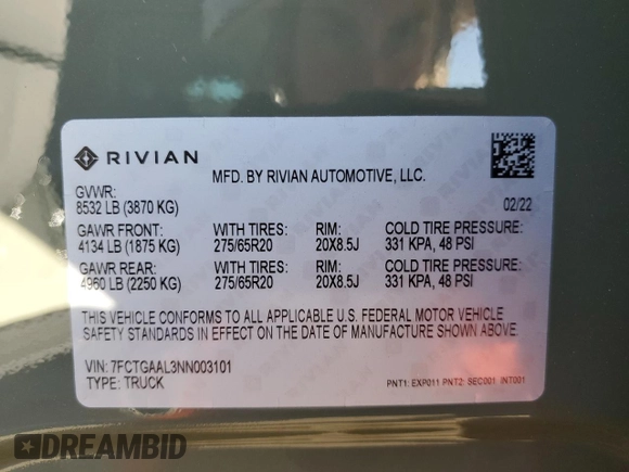 2022 Rivian R1T Launch Edition z VIN 7FCTGAAL3NN003101, wystawiony jako Copart lot #85602634 z przebiegiem 17 189 mil mil oraz Szkoda całkowita • Salvage title. Historia ofert i sprzedaży dostępna na DreamBid. Obrazek 12.