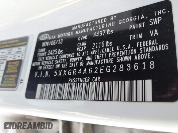2014 Kia Optima SXL Turbo with VIN 5XXGR4A62EG283618, listed as a IAAI auction lot 42143349 with 82,070 mi miles and . Bid and sale history available at DreamBid. Image 9.