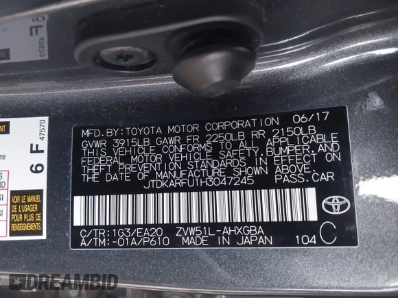 2017 Toyota Prius Two z VIN JTDKARFU1H3047245, wystawiony jako IAAI lot #41736442 z przebiegiem 46 357 mil mil oraz . Historia ofert i sprzedaży dostępna na DreamBid. Obrazek 9.