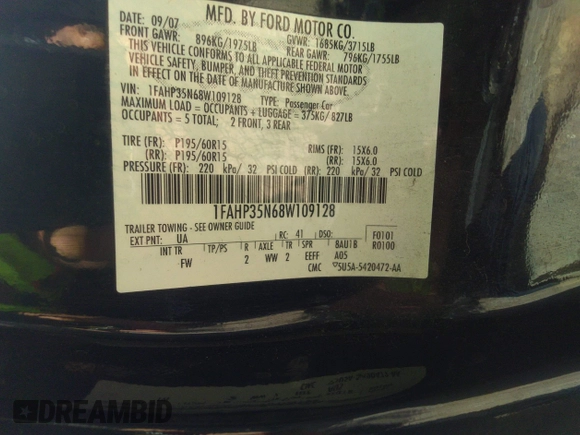 2008 Ford Focus SE with VIN 1FAHP35N68W109128, listed as a IAAI auction lot 42648217 with 1,200,343 mi miles and . Bid and sale history available at DreamBid. Image 9.