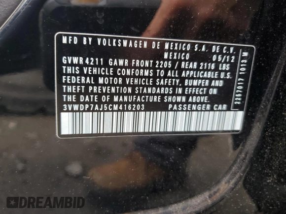 2012 Volkswagen Jetta SE с VIN 3VWDP7AJ5CM416203, выставлен на аукционе Copart как лот 58256665 с пробегом 124 320 миль миль и Списание • Salvage title. История ставок и продаж доступна на DreamBid. Изображение 12.
